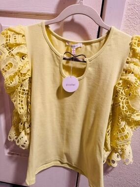 Pastels Pale Yellow Lace Puff Sleeve Top